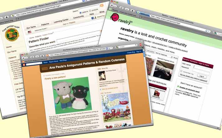 A collage of featured Web sites' screen grabs: Ravelry, Lion Brand and Ana Paula Rimoli's blog.
