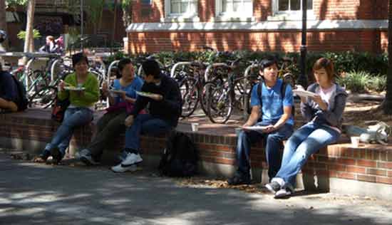 Students eat Krishna lunch on the Plaza of the Americas.