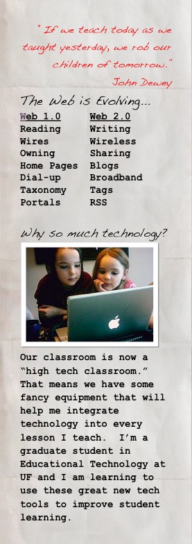 “If we teach today as we taught yesterday, we rob our children of tomorrow.”         John Dewey
The Web is Evolving...
Web 1.0     Web 2.0
Reading     Writing
Wires       Wireless
Owning      Sharing
Home Pages  Blogs
Dial-up     Broadband
Taxonomy    Tags
Portals     RSS

Why so much technology? ￼Our classroom is now a “high tech classroom.”  That means we have some fancy equipment that will help me integrate technology into every lesson I teach.  I’m a graduate student in Educational Technology at UF and I am learning to use these great new tech tools to improve student learning.  