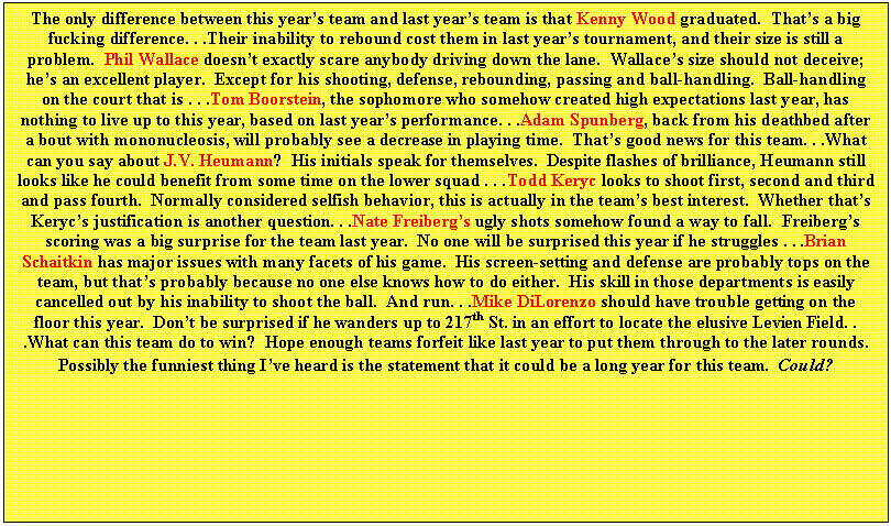 Text Box: The only difference between this year’s team and last year’s team is that Kenny Wood graduated.  That’s a big fucking difference. . .Their inability to rebound cost them in last year’s tournament, and their size is still a problem.  Phil Wallace doesn’t exactly scare anybody driving down the lane.  Wallace’s size should not deceive; he’s an excellent player.  Except for his shooting, defense, rebounding, passing and ball-handling.  Ball-handling on the court that is . . .Tom Boorstein, the sophomore who somehow created high expectations last year, has nothing to live up to this year, based on last year’s performance. . .Adam Spunberg, back from his deathbed after a bout with mononucleosis, will probably see a decrease in playing time.  That’s good news for this team. . .What can you say about J.V. Heumann?  His initials speak for themselves.  Despite flashes of brilliance, Heumann still looks like he could benefit from some time on the lower squad . . .Todd Keryc looks to shoot first, second and third and pass fourth.  Normally considered selfish behavior, this is actually in the team’s best interest.  Whether that’s Keryc’s justification is another question. . .Nate Freiberg’s ugly shots somehow found a way to fall.  Freiberg’s scoring was a big surprise for the team last year.  No one will be surprised this year if he struggles . . .Brian Schaitkin has major issues with many facets of his game.  His screen-setting and defense are probably tops on the team, but that’s probably because no one else knows how to do either.  His skill in those departments is easily cancelled out by his inability to shoot the ball.  And run. . .Mike DiLorenzo should have trouble getting on the floor this year.  Don’t be surprised if he wanders up to 217th St. in an effort to locate the elusive Levien Field. . .What can this team do to win?  Hope enough teams forfeit like last year to put them through to the later rounds.  Possibly the funniest thing I’ve heard is the statement that it could be a long year for this team.  Could?
