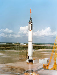 May 5, 1961 launch of Redstone rocket and NASA's Mercury spacecraft #7 Freedom 7 with Alan Shepard Jr. on the United States' first human flight into sub-orbital space. (Atlas rockets were used to launch Mercury's orbital missions).